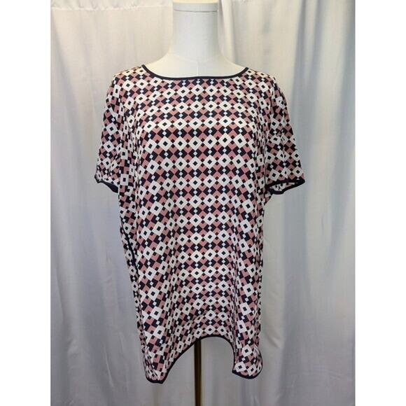 J. Crew 100% Silk Blouse Womens 14 Diamond Aztec Print Short Sleeve Round Neck‎ - Picture 1 of 8